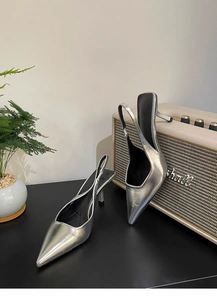 Silver <b>Pointed</b> <b>Toe</b> Covered <b>Toe</b> <b>Mule</b> Sandals French Elegant Backless High Heels Fairy Ladies Shoes - Product Image 4