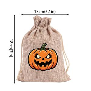 Sac en toile de jute pour fête d'Halloween 13x18cm, sac en lin à cordon, pochette citrouille effrayante, idéal pour décorations d'Halloween, emballage de bonbons et badges - Product Image 2