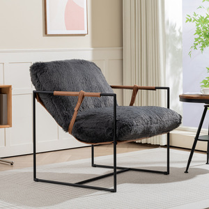 <span class=keywords><strong>Fauteuil</strong></span> lounge moderne avec accents en <span class=keywords><strong>fourrure</strong></span>, structure métallique, siège de détente à pieds croisés pour salon, hôtel, bar - Product Image 2
