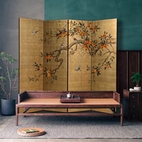 Paravent en bois de style japonais, peinture à la main avec feuille d'or, laque de kaki, pour la décoration du salon, villa