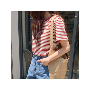Bien hecho Venta caliente Casual Ropa diaria Buena calidad Loose Fit Stripe Camiseta Ropa en Daily Stripe Camiseta de manga corta - Product Image 6