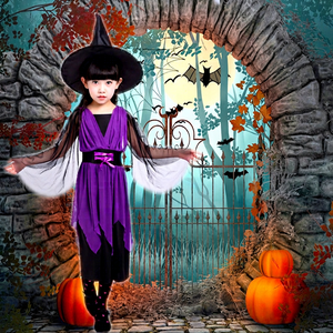 Costume de sorcière d'Halloween pour filles, robe de cosplay pour enfants, violette et orange, avec chapeau pour la fête - Product Image 1