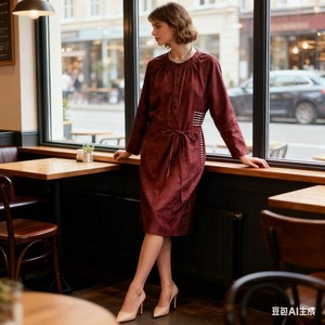 Vestido Holgado de Ramio Borgoña con Cintura Ajustable - Vestido Retro Elegante de Longitud Media para Oficina y Casual - Product Image 5