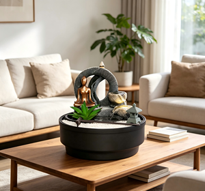 Fontaine de jardin <span class=keywords><strong>zen</strong></span> moderne avec porte-encens, <span class=keywords><strong>sable</strong></span> et râteau, figurine abstraite en bronze méditant et plante artificielle pour bureau - Product Image 2