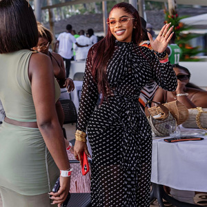 Abito Lungo Stile Europeo-Americano con Stampa a Pois, Vita Avvolgente, Collo Alto e Maniche Lunghe - Product Image 3