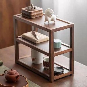 Walnut wood tea set storage rack, solid wood three-tier <b>shelf</b>, <b>desktop</b> living room decoration, antique display <b>shelf</b>, teapot - Product Image 4