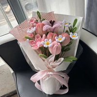 Bouquet de tournesols et de tulipes roses faits main en fil de fer, bouquet de fleurs torsadées pour la fête des Mères