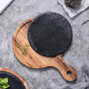 Wholesale Modern round Wooden Steak Slate Tray with Handles Custom Engraved Plate Dish for Restaurants and Weddings