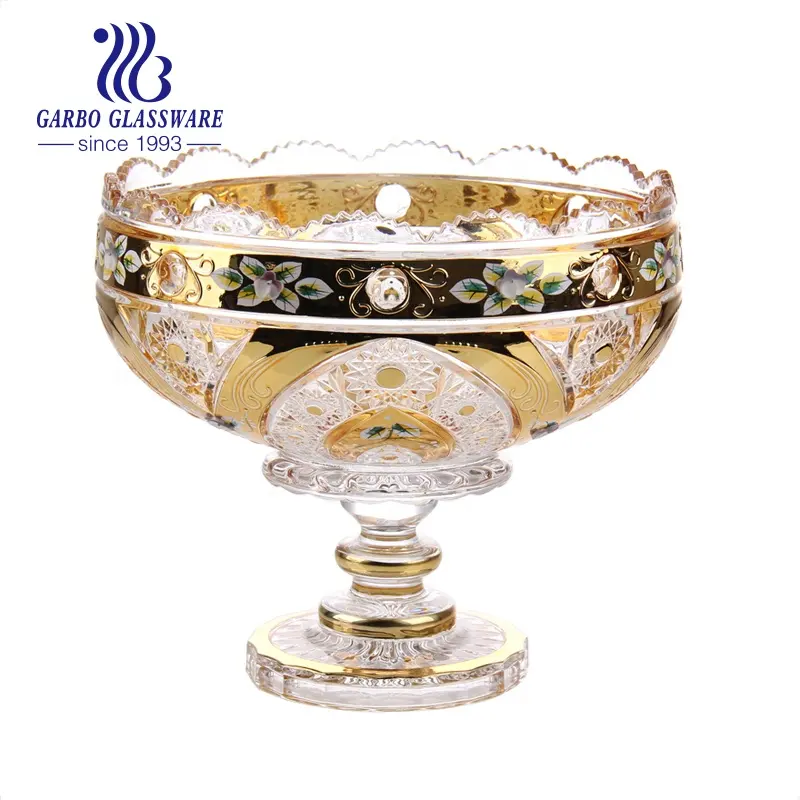 Big Capacity Ion Plated Arabic Style Golden Colored Large Glass Fruit Bowl with Stand Diverse Size and Design Middle East