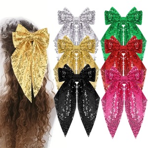 Glitter Sequins Fabric <b>Bow</b> Spring Hair <b>Clip</b> Long Tail Mesh Ribbon Barrette For Xmas Festival Evening Party Hair Decor - Product Image 6