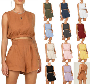 Conjunto de 2 Piezas para Mujer, Top Corto sin Mangas de Color Sólido, Cintura Alta, Estilo Casual y Moderno - Product Image 2