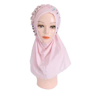 定制时尚钻石长款纯色刺绣头巾伊斯兰女性披肩雪纺优雅穆斯林面纱