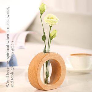 Jarrón hidropónico de madera con tubo de vidrio para plantas de interior, decoración minimalista para escritorio - Product Image 2