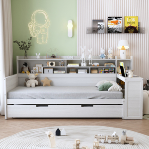 Wooden Twin Size Daybed with Storage Shelves, Multi-functional Bed with Twin Size Trundle Bed and <b>Study</b> <b>Desk</b>, Antique White - Product Image 3