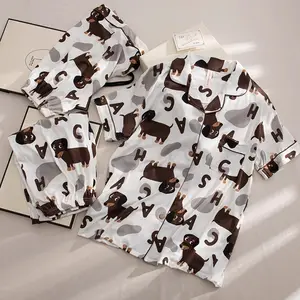 Spring Summer 2024 Cute Women's Pajamas Set Dachshund Print Cotton 3 Pieces Short Sleeve Tops Full Length Pants Sleepwear