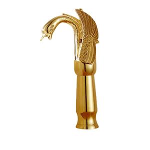 Grifo de lavabo de baño de latón con cuello de cisne dorado de lujo con manijas individuales artísticas - Product Image 2