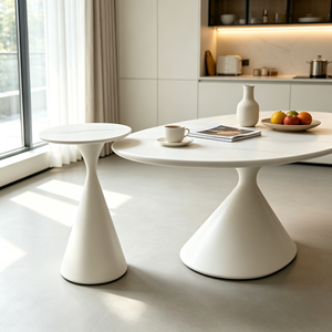 Ensemble de tables basses gigognes modernes blanc crème avec base sablier et plateau en pierre frittée pour salon, maison et hôtel - Product Image 6