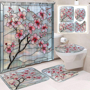 Rideau de douche en polyester motif bois foncé et verre teinté diamant, ensemble rideau et tapis de salle de bain, impression numérique, vente en gros - Product Image 1
