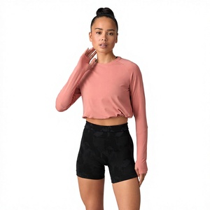 Haut court rose à manches longues pour femme, col rond, couleur unie, sportif, tricoté, en spandex et polyester, respirant, coupe classique, printemps-été - Product Image 4