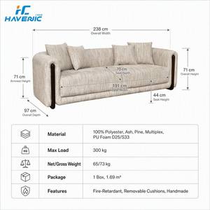 Sofá Nórdico Minimalista de 3 Plazas, Tapizado en Tela Texturizada Beige, Sofá de Perfil Bajo con Cojines, Detalles en Madera, Muebles para Sala de Estar - Product Image 5