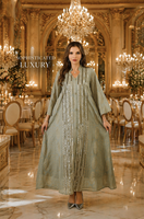 Abaya longue transparente à col montant, manches trois-quarts, broderie verticale complète de sequins dorés, personnalisable OEM ODM | Robe de mariée musulmane
