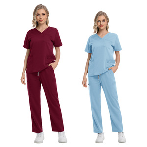 HZKwai Scrub Suit Set Unisex Short Sleeve Moisture Wicking Clinic Uniform Maroon S - Product Image 4