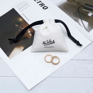 Custom logo Pouch Wholesale Ring Pouch Cotton Linen Drawstring White Pouch with <b>Black</b> <b>String</b> - Product Image 6