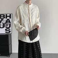 Chemise décontractée pour homme à col montant, brodée en bambou, à manches longues, style chinois Tang, boutonnée
