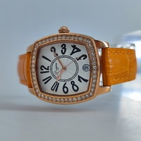 Montre-bracelet à quartz carrée SPARKTIME en or rose, style professionnel et élégant, avec bracelet en cuir, couronne sertie de diamants, lunette en saphir, étanche