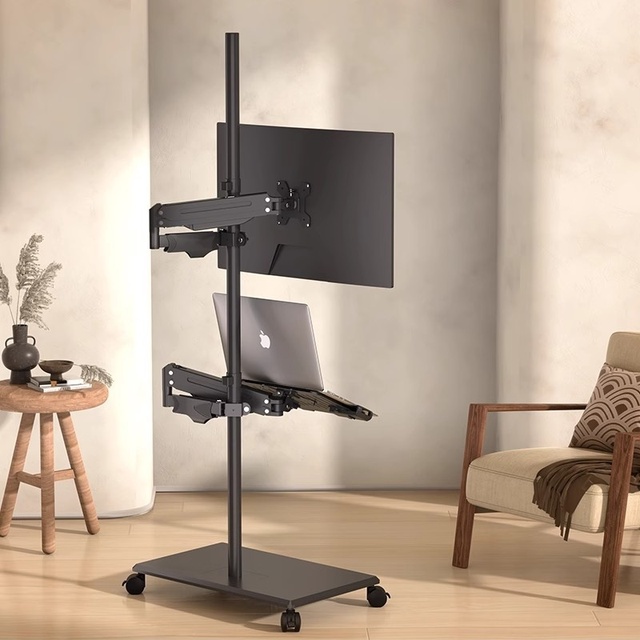 Floor-standing Cold Rolled Steel Rotary Monitor Stand Adjustable Height Workbench Keyboard Tray Screen Swivel Retractable Arm