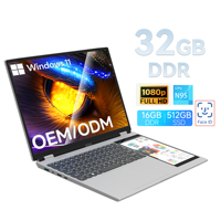 Nuovo Laptop Intel N95 4-Core con Doppio Schermo 15.6"+7" Display IPS, 16GB RAM, 256GB SSD, Tastiera Inglese, Windows 11 Business Series OEM