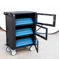 Armoire de charge rapide USB électrique noire à 3 niveaux et 48 baies avec porte en verre pour le rangement et la charge d'ordinateurs portables et de tablettes, chariot de charge