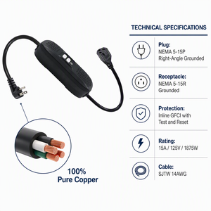 Câble d'extension CA NEMA 5-15P vers 5-15R avec prise mâle US vers prise femelle GFCI, avec bouton de réinitialisation pour appareils et équipements - Product Image 4