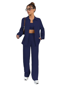 Women's Navy Blue 2 Piece Loose Fit <b>Blazer</b> <b>Set</b> With Wide Leg Pants Casual Solid Color Crepe Fabric All Seasons Wear - Product Image 1