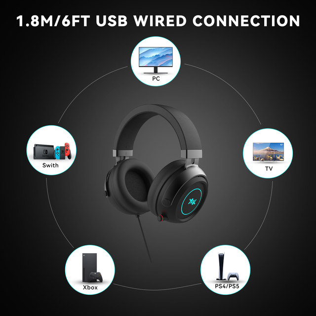 Professional RGB Gaming Headset with ENC Noise Cancelling Mic 7.1 Surround Sound Wired Headphones for PC PS4 PS5 Xbox