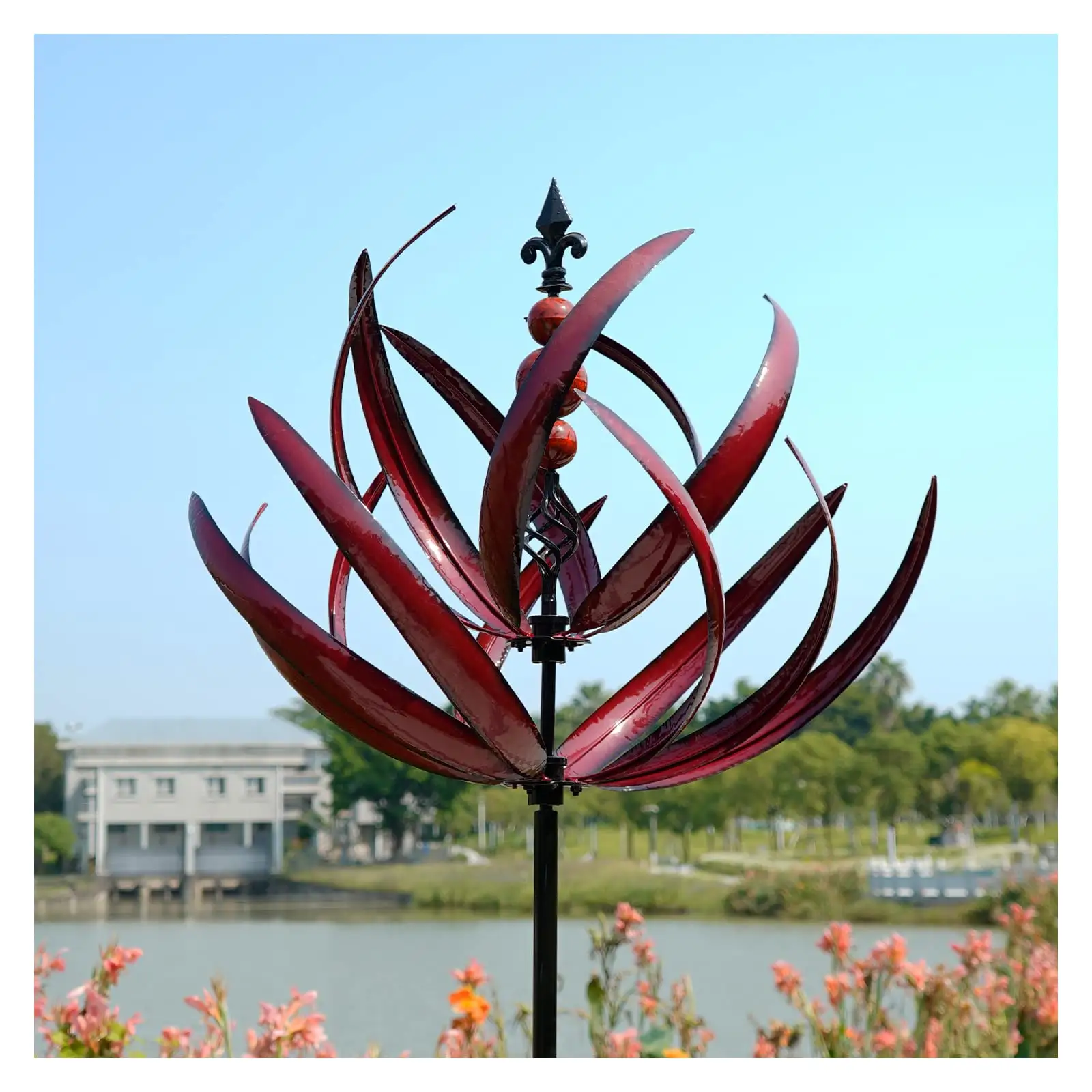 Yard Garden Wind Spinners - Large Outdoor Metal Wind Spinners Sculptures, Lawn Yard Art Garden Decor (Burgundy Lotus)
