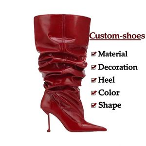 Produsen kustom sepatu bot panjang hak tinggi PU atas persegi ujung persegi Super tinggi Slip-On miring lintas batas landasan pacu - Product Image 2