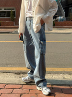 Pantalon en jean pour homme, coupe droite, avec patch de casier et détail d'étiquette d'identification, inspiré des pantalons en denim, en gros