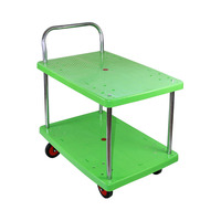 Chariot utilitaire en plastique à plateforme à 2 niveaux, à poignée unique, entièrement silencieux, vert, 48*72cm, charge 150kg, avec garde-corps, OEM, pour le transport d'outils