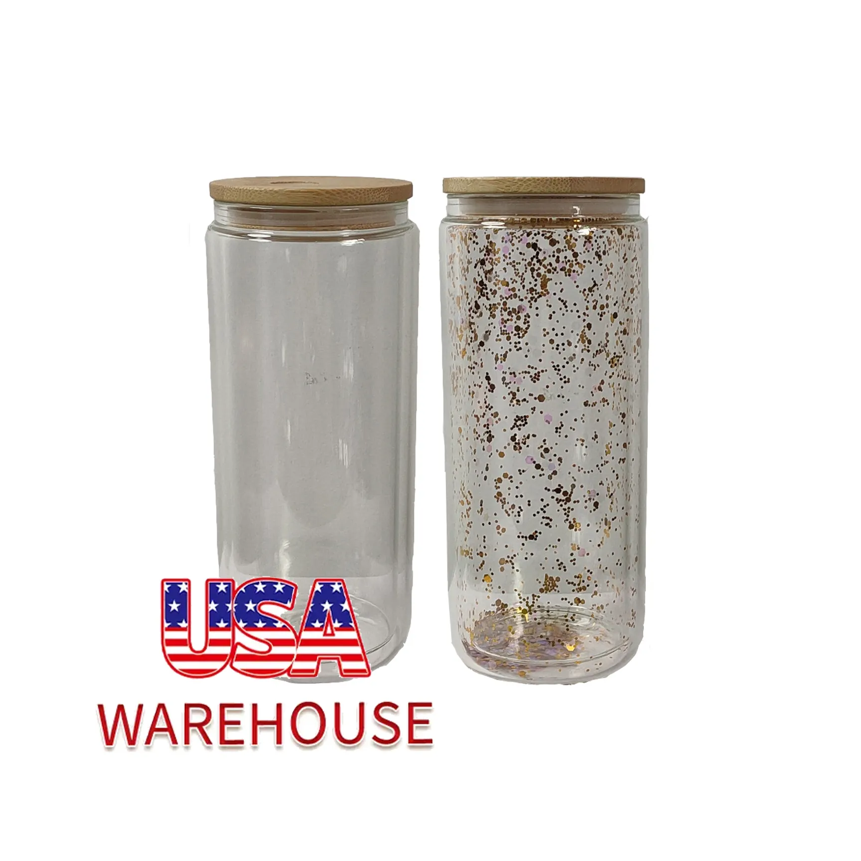 USA Warehouse DIY Clear Sublimation vasos doble pared 16Oz 20Oz Double Wall Tumbler Snow Globe Glass Can Cups With Bamboo Lid