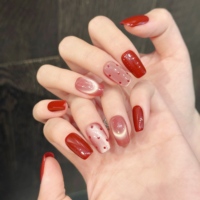 Design # 3060 Faux ongles à presser de haute qualité, carrés en acrylique, en gel épais, faits main, rouge, effet œil de chat, à pois, 10 pièces