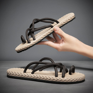 Tongs en corde tressée pour hommes, semelle épaisse, sandales de plage d'été, antidérapantes, plates, pour adultes Q222 - Product Image 1