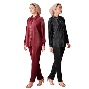 New Fashion Arab Women Pleated Tops And Pants Suits 2 Piece Set Muslim Women Dubai Abaya Set