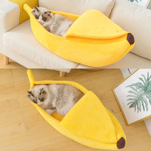 Cama para Gatos en Forma de Plátano, Alfombra Cálida, Duradera y Portátil para Invierno, Forro de Felpa <span class=keywords><strong>Coral</strong></span>, Funda Extraíble, Suministros para Gatos - Product Image 1