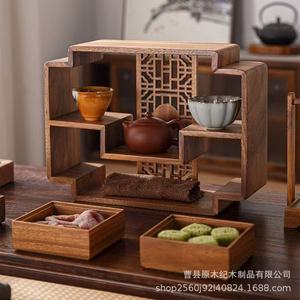 Walnut Wood Storage Rack 3 Tier <b>Desktop</b> Chinese Style Solid Wood Tea Set Display <b>Shelf</b> - Product Image 3