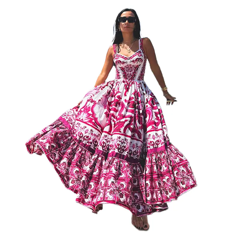 Vestido Floral de línea A para vacaciones, moda para mujer, cintura alta, dobladillo abullonado, Maxi Vestidos 2023, Moda Para banquete, graduación, Vestidos formales para mujer