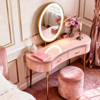 Glam Pastel Pink Solid Wood Dressing Table Set Velvet Stool-LED Lighted Oval Standing Mirror Gold Legs Eco-Friendly Living Room
