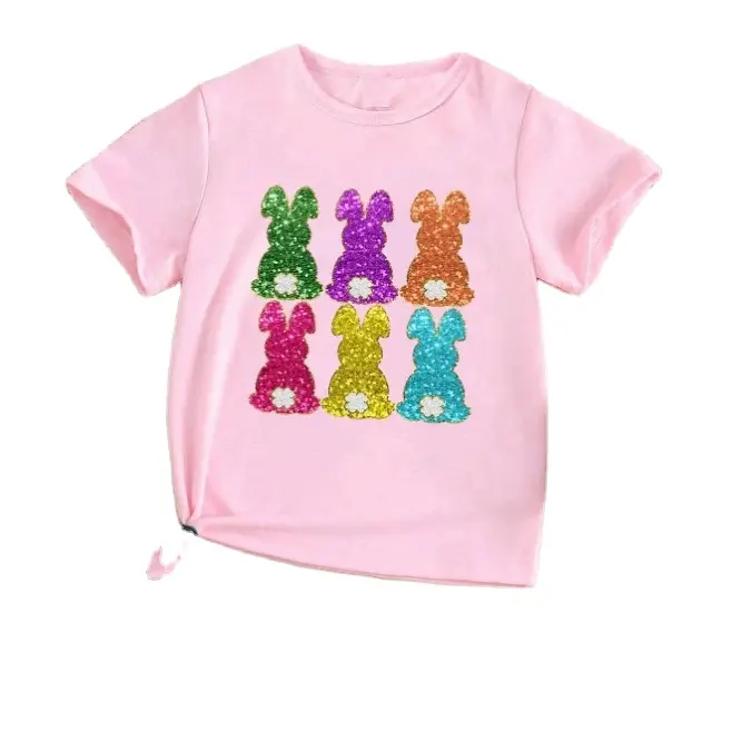 Fornecedor por atacado camiseta de manga curta com gola redonda e glitter para meninas, camiseta fofa de coelho de Páscoa para crianças