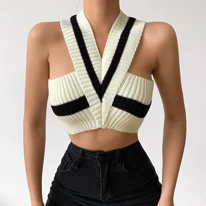 Enyami Vintage Minimalis Tren Baru Streetwear Lintas Putih Hitam Crochet Sweater Halter Crop Tank Top Klub Seksi Tops Wanita
