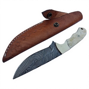Cuchillo de Hoja Fija para Exteriores, Acero de Damasco, Mango de Madera, Punta Caída, Cuchillo de Caza con Funda de Cuero - Product Image 4